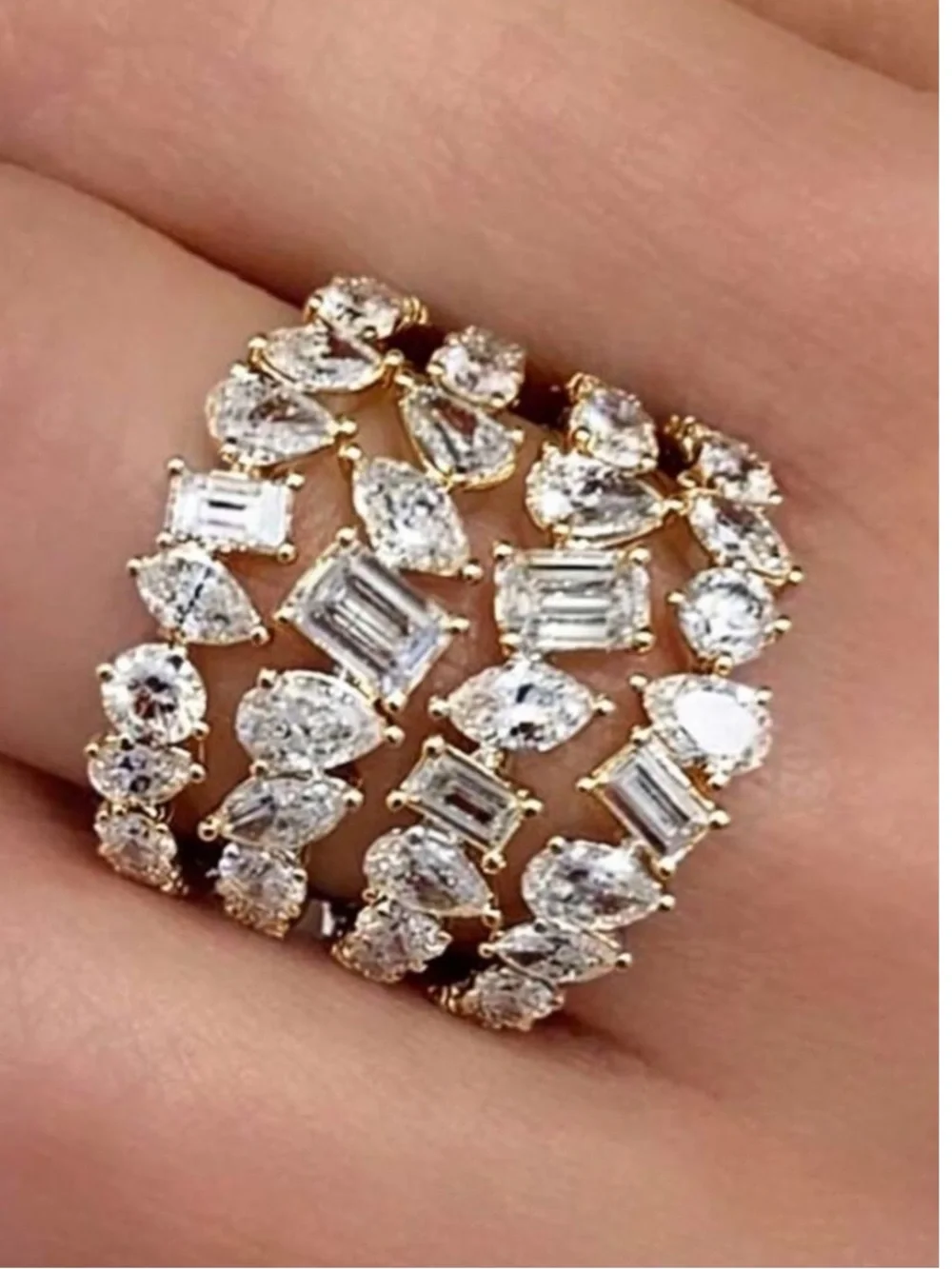 Elegant Gold Multi-Crystal Stacked Ring
